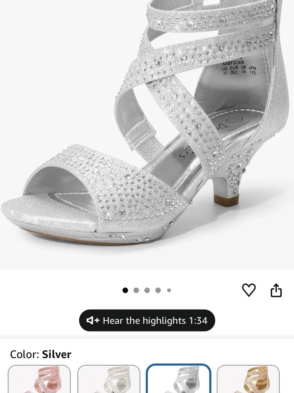 Silver Glitter Strappy Big Girls Size 4 Heels